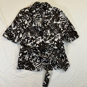 Liz Claiborne Womens Brown White Tropical Floral Belted Short Sleeve Blazer 8